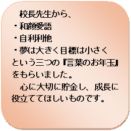 �p�ێl�p�`: �@�Z���搶����A
�E�a�爤��
�E��������
�E���͑傫���ڕW�͏�����
�Ƃ����O�́w���t�̂��N�ʁx�����炢�܂����B
�@�S�ɑ�؂ɒ������A�����ɖ𗧂ĂĂق������̂ł��B
