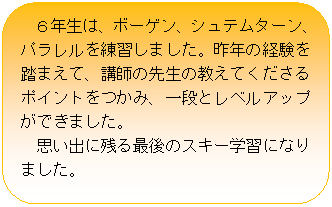 �p�ێl�p�`: �@�U�N���́A�{�[�Q���A�V���e���^�[���A�p����������K���܂����B��N�̌o���𓥂܂��āA�u�t�̐搶�̋����Ă�������|�C���g�����݁A��i�ƃ��x���A�b�v���ł��܂����B
�@�v���o�Ɏc��Ō�̃X�L�[�w�K�ɂȂ�܂����B
�@
�@
�@
�@
