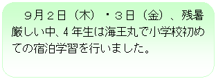 �p�ێl�p�`: �X���Q���i�؁j�E�R���i���j�A�c�����������A4�N���͊C���ۂŏ��w�Z���߂Ă̏h���w�K���s���܂����B

