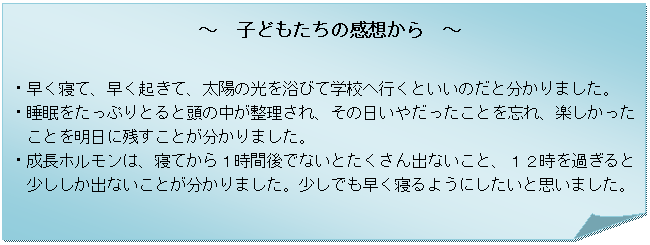 ����: �`�@�q�ǂ������̊��z����@�`

�E�����Q�āA�����N���āA���z�̌��𗁂тĊw�Z�֍s���Ƃ����̂��ƕ�����܂����B
�E�����������Ղ�Ƃ�Ɠ��̒�����������A���̓����₾�������Ƃ�Y��A�y�����������Ƃ𖾓��Ɏc�����Ƃ�������܂����B
�E�����z�������́A�Q�Ă���P���Ԍ�łȂ��Ƃ�������o�Ȃ����ƁA�P�Q�����߂���Ə��������o�Ȃ����Ƃ�������܂����B�����ł������Q��悤�ɂ������Ǝv���܂����B

