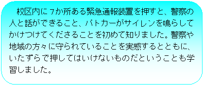 �p�ێl�p�`: �Z����ɂV��������ً}�ʕ񑕒u�������ƁA�x�@�̐l�Ƙb���ł��邱�ƁA�p�g�J�[���T�C������炵�Ă������Ă������邱�Ƃ����߂Ēm��܂����B�x�@��n��̕��X�Ɏ���Ă��邱�Ƃ���������ƂƂ��ɁA��������ŉ����Ă͂����Ȃ����̂��Ƃ������Ƃ��w�K���܂����B

