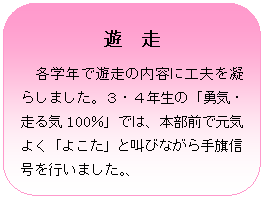 �p�ێl�p�`: �V�@��
�@�e�w�N�ŗV���̓��e�ɍH�v���Â炵�܂����B�R�E�S�N���́u�E�C�E����C100���v�ł́A�{���O�Ō��C�悭�u�悱���v�Ƌ��тȂ������M�����s���܂����B�A
