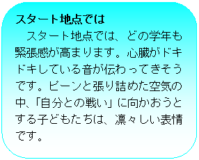 �p�ێl�p�`: �X�^�[�g�n�_�ł�
�X�^�[�g�n�_�ł́A�ǂ̊w�N���ْ��������܂�܂��B�S�����h�L�h�L���Ă��鉹���`����Ă������ł��B�s�[���ƒ���l�߂���C�̒��A�u�����Ƃ̐킢�v�Ɍ��������Ƃ���q�ǂ������́A�z�X�����\��ł��B
